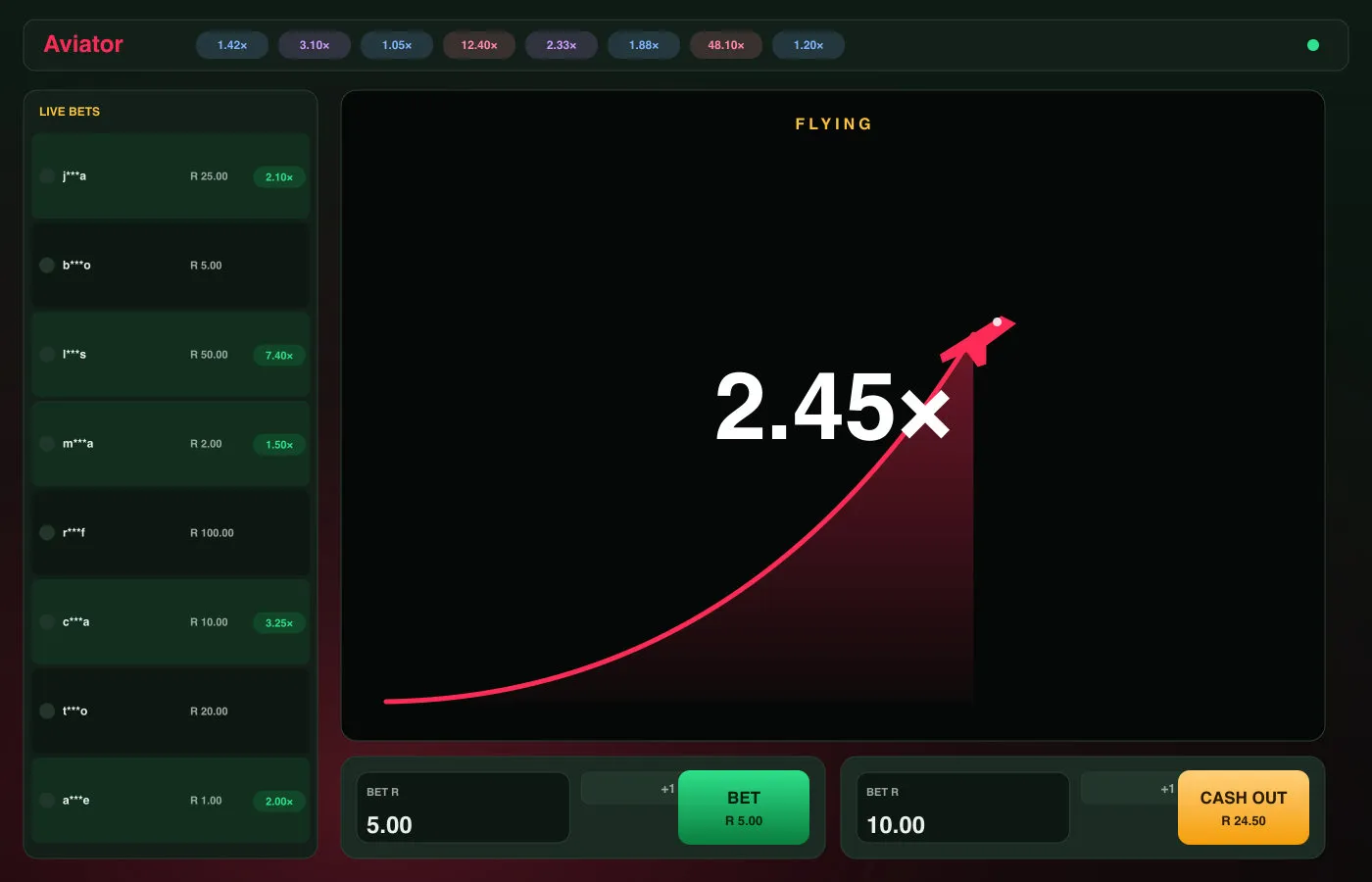 The Aviator game interface: red plane, rising multiplier, live bets and history bar