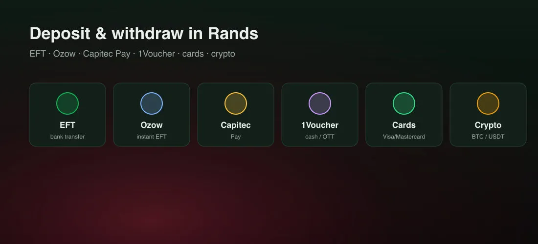 South African Aviator payment methods overview: EFT, Ozow, Capitec Pay, 1Voucher, cards, crypto