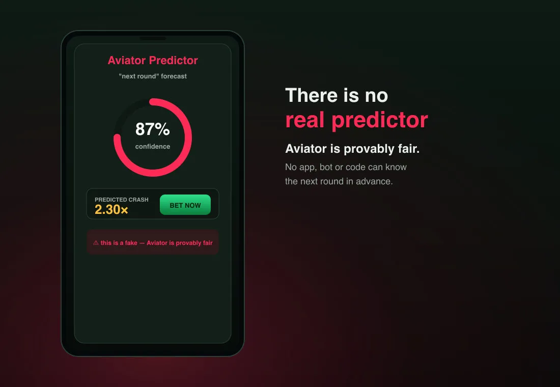 Mock-up of a fake Aviator predictor app with a confidence gauge, next to the warning that no predictor works